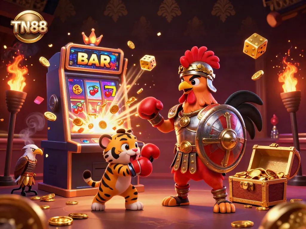 Engage in thrilling gaming action at TN88 with a vibrant casino scene featuring a gladiator rooster and golden gaming elements.