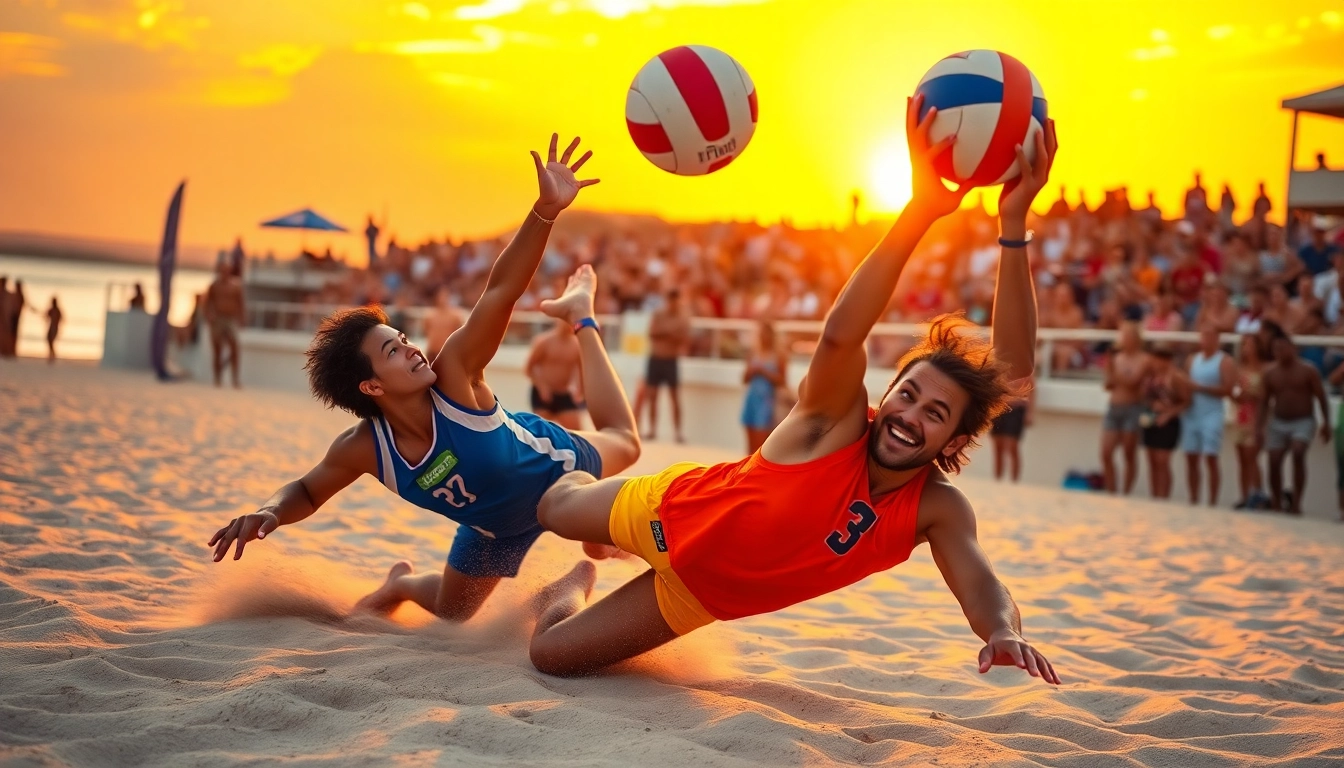 Begeisterte Spieler beim Beach Volleyball Camp zeigen Athletik und Teamgeist am Strand.