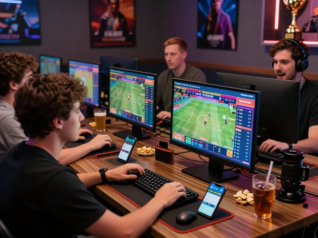Vibrant gaming atmosphere with friends betting at https://may88.bio/ showcasing excitement in online gambling.