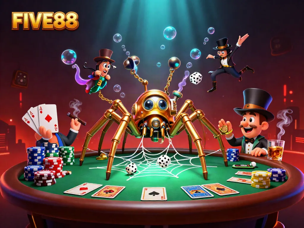 Engage with FIVE88's adventurous gambling experience featuring a steampunk spider amidst casino elements