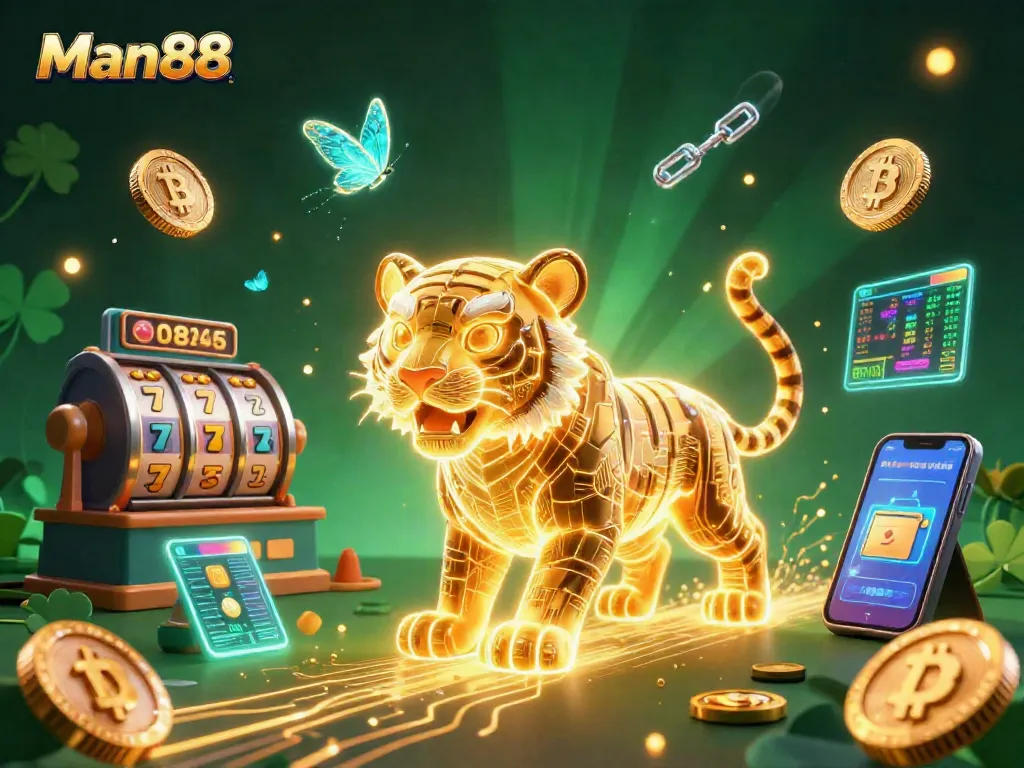 Experience the thrill of Man88 in an ultra-detailed digital casino scene with a neon tiger and glowing cryptocurrencies.