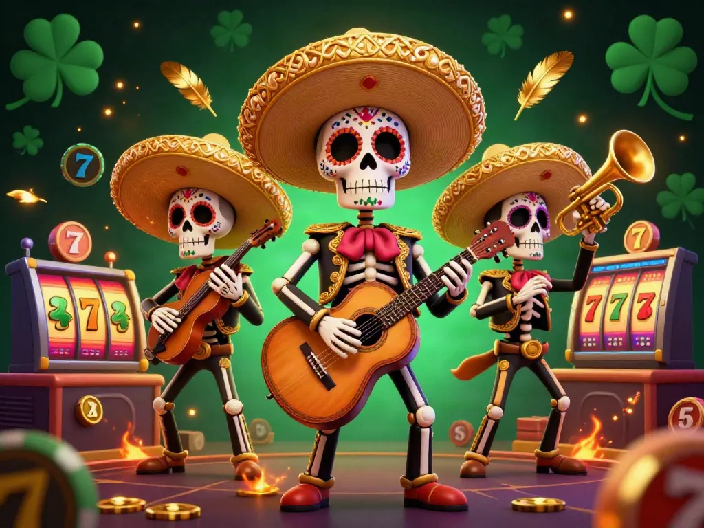 Immerse yourself in the vibrant gambling world of SKY88 with a lively mariachi band amidst colorful slot machines.