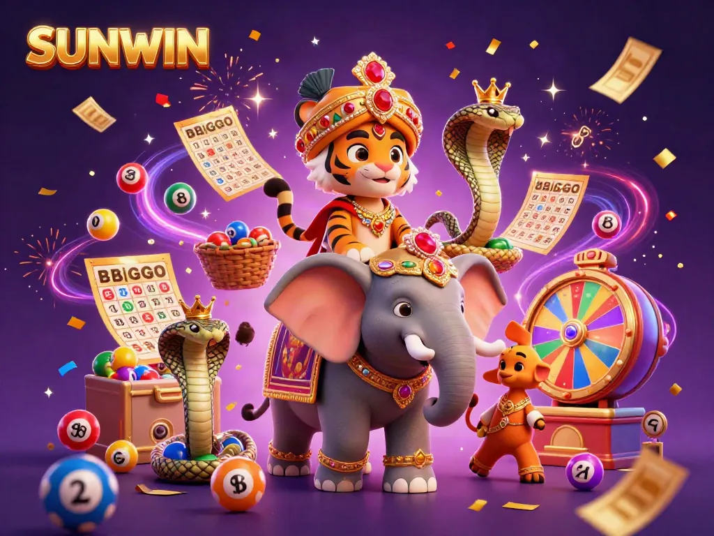 SUNWIN celebrates gaming excitement with a colorful, vibrant casino scene including a maharaja and elephant.