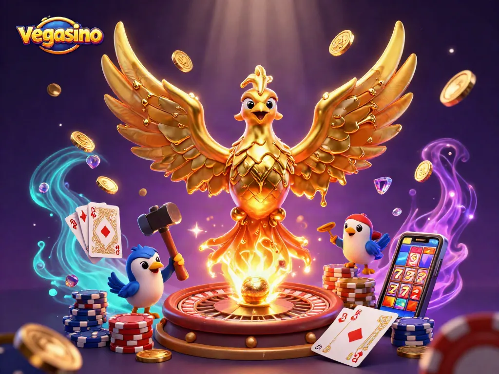 Experience the thrill of vegasino with our vibrant casino scene featuring a molten phoenix and dynamic game elements.