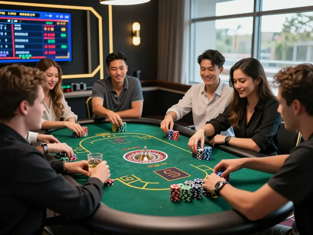Friends enjoying NK88 casino games at a stylish online gambling setup.