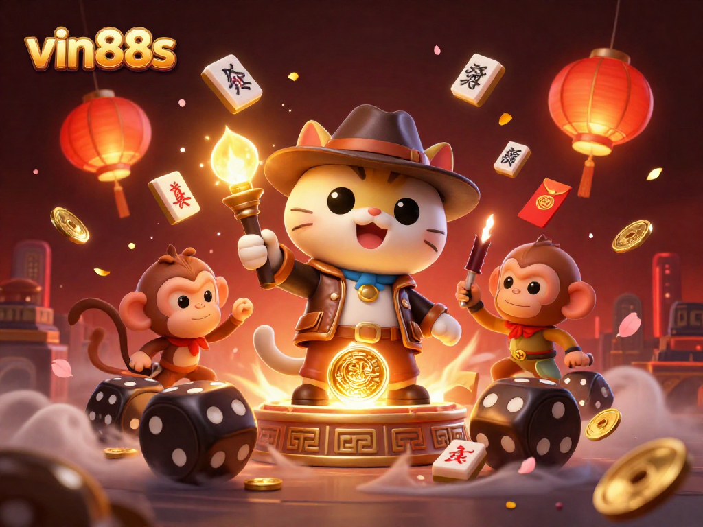 Experience the excitement at vin88s with a vibrant 3D illustration of a cat explorer finding casino treasures.