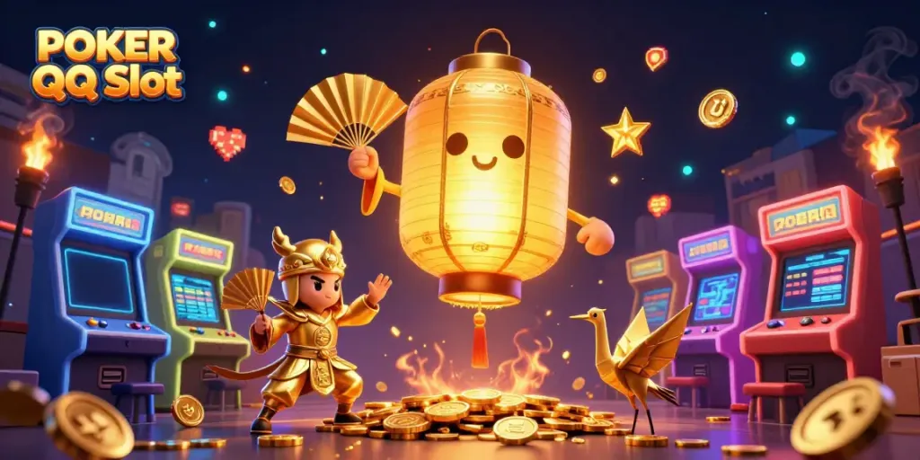 Experience the excitement of POKER QQ Slot with a vibrant 3D scene featuring glowing lanterns, warriors, and casino elements.