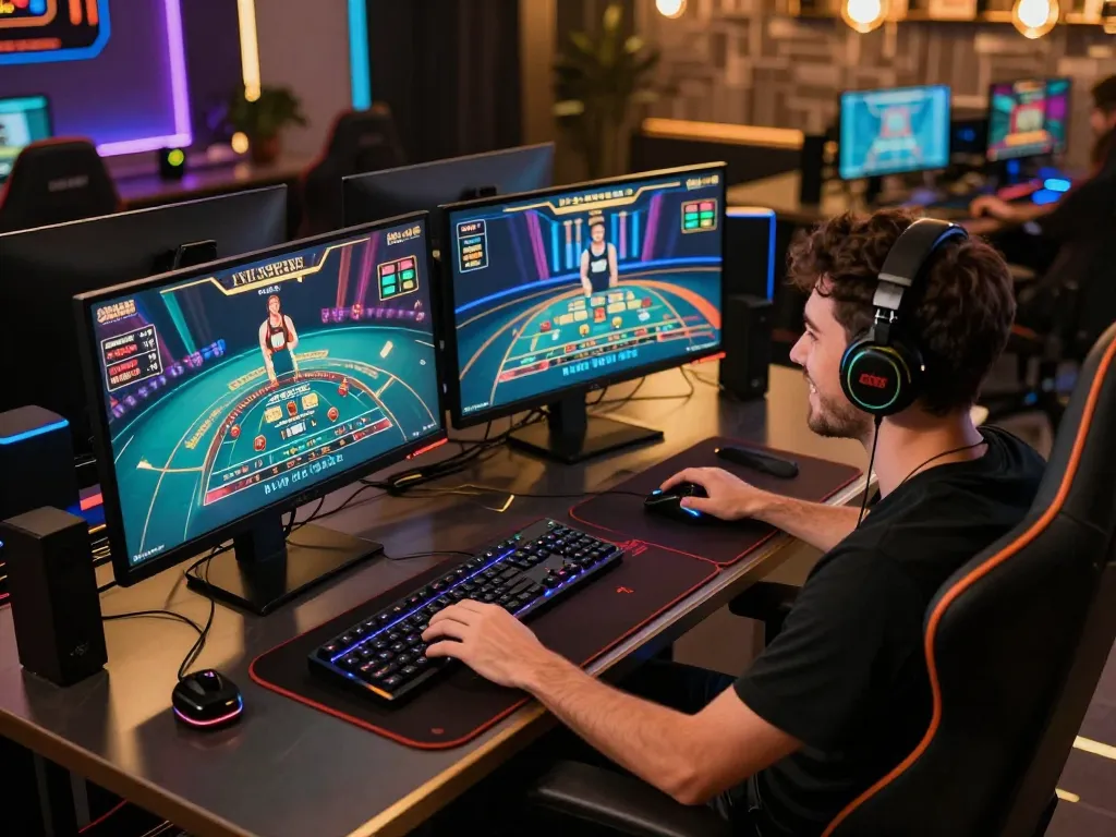 LV88 online gaming setup with dual monitors showing live dealer casino, stylish decor, and engaged player.