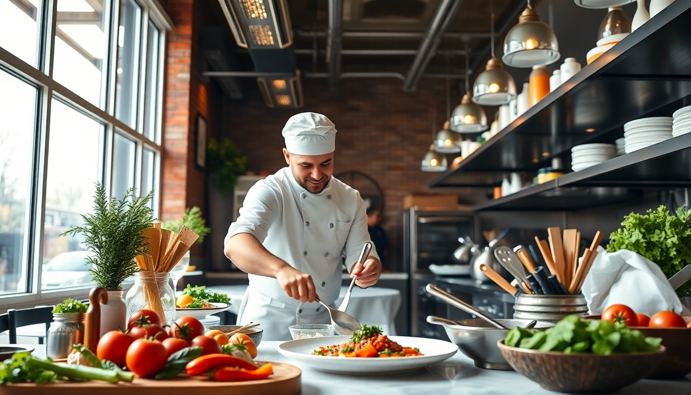 Gastronomie in action: Chef creating a gourmet dish with vibrant ingredients.