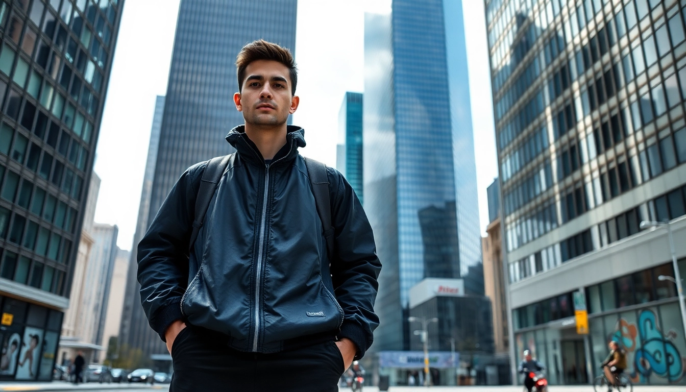 Techwear-Trend: Innovativer Outfit in urbaner Umgebung mit dynamischem Flair.