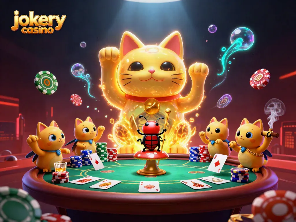 Experience the thrill of jokery casino with an engaging 3D cartoon scene of gaming elements.