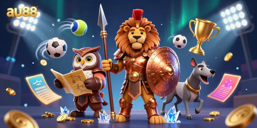 Experience the thrill of au88 with dynamic 3D characters and casino elements in this captivating illustration.