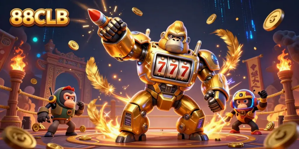 Experience the thrill of winning at 88CLB with a dynamic 3D casino scene featuring a golden gorilla mech.