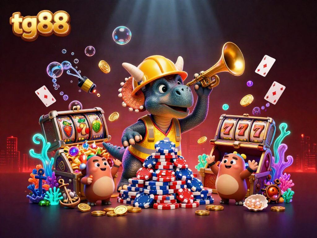 Experience thrilling action with tg88 as a triceratops builds a pyramid of poker chips!