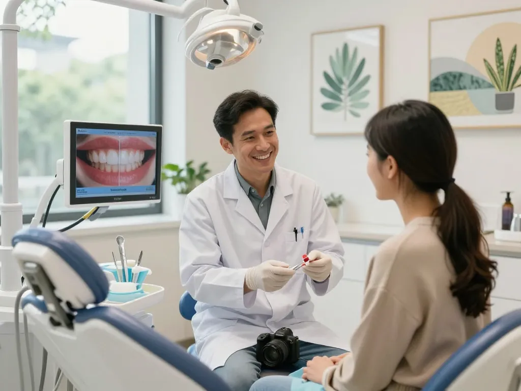 Veneers Wien Beratung in einer modernen Zahnarztpraxis mit einem Zahnarzt und einem Patienten, die Optionen diskutieren.
