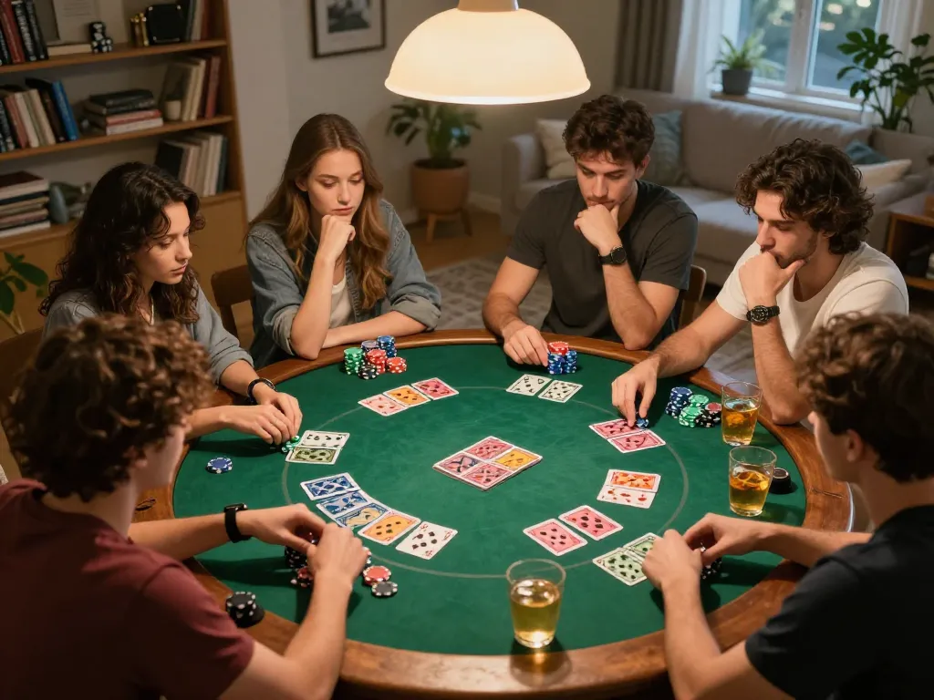 Kèo nhà cái home poker night with friends, colorful chips, and intense gameplay atmosphere.