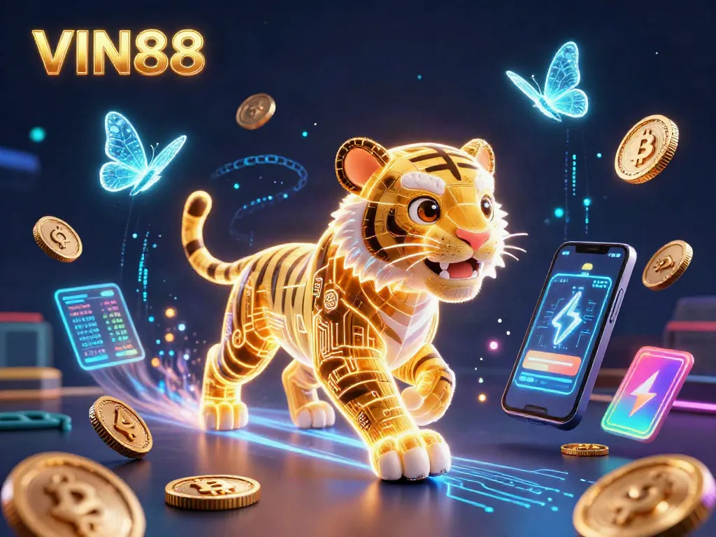 Experience the digital casino adventure with VIN88, featuring vibrant holographic elements and a golden tiger.