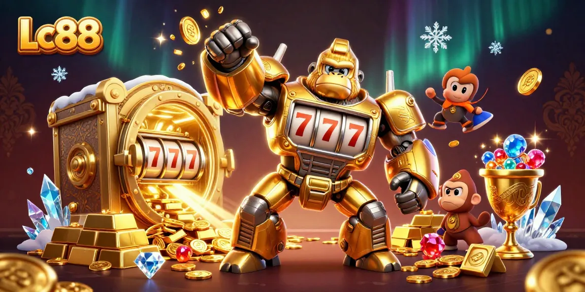 Experience thrilling wins at Lc88 with this exciting 3D casino illustration of a golden gorilla mech!