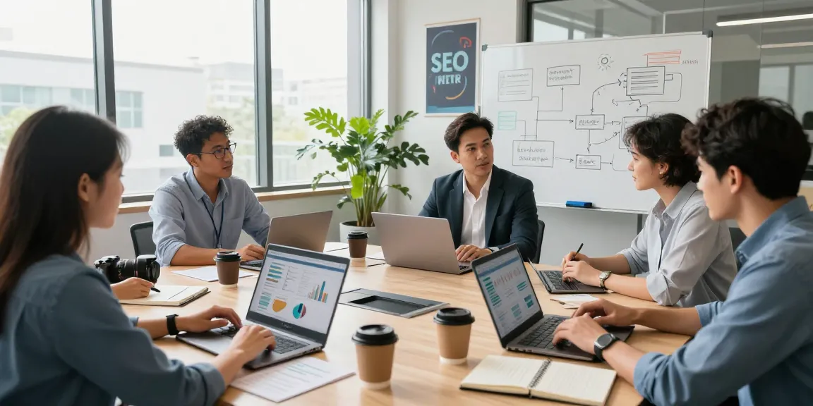 Team, das SEO Agentur Taktiken in einem modernen Büro strategisch plant.