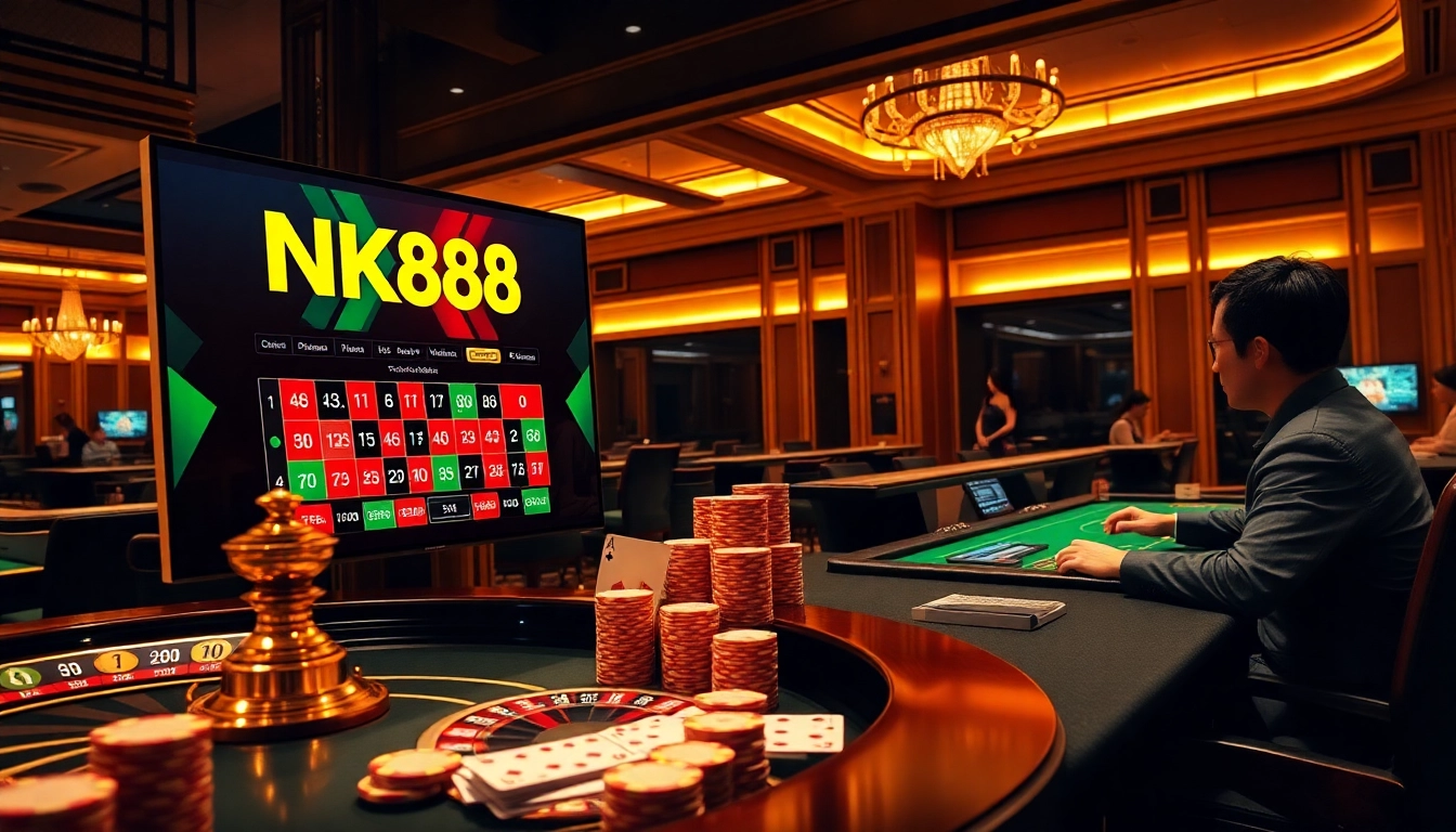 NK88 online gambling interface displayed with poker chips and roulette wheel.