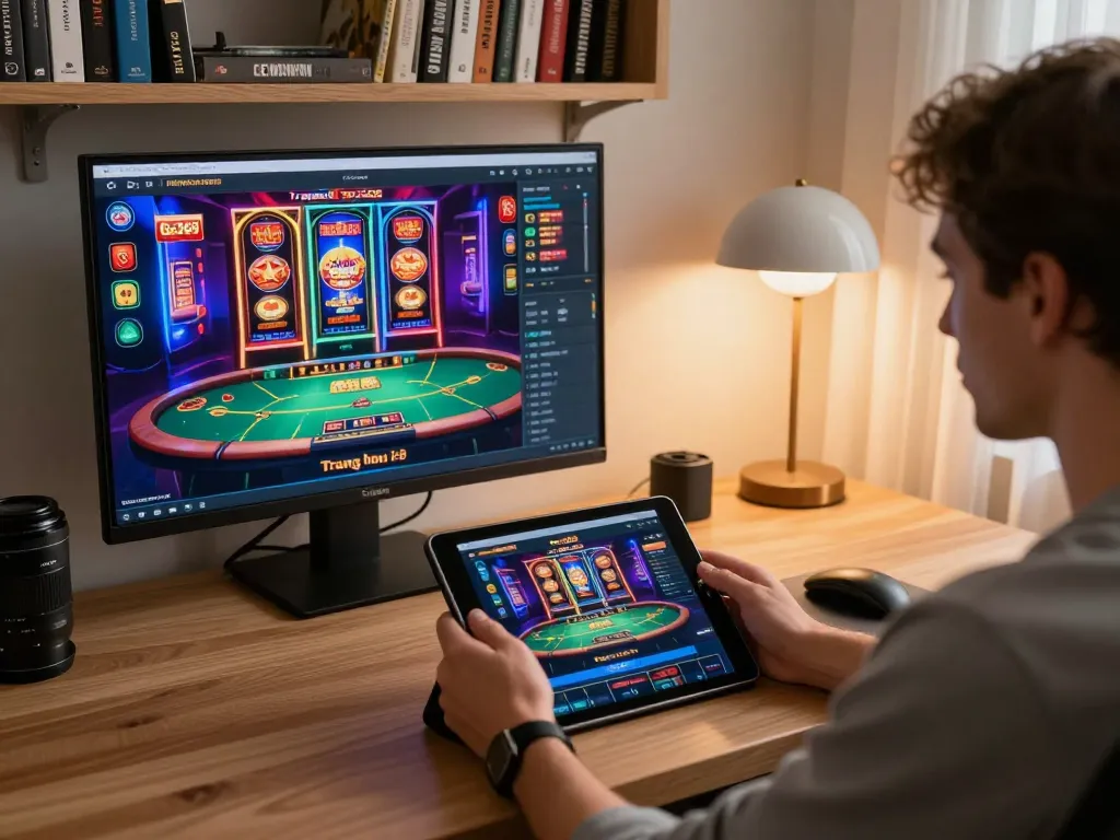 Engaged player on Trang chủ Ga368 using tablet for online betting in a stylish home office.