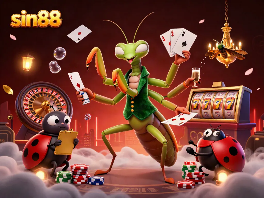 Experience thrilling wins with SIN88 at a vibrant casino featuring a mantis dealer and ladybug pit boss.