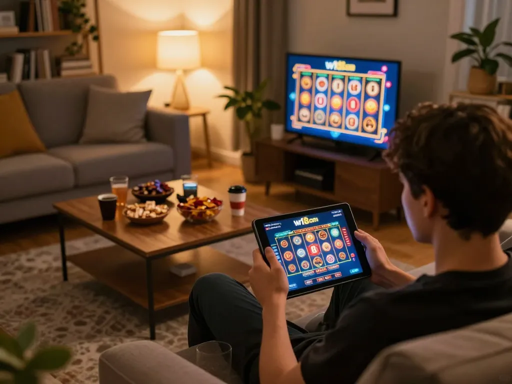 Player engaging with w188 com casino app on tablet in cozy living room, emphasizing responsible gaming.