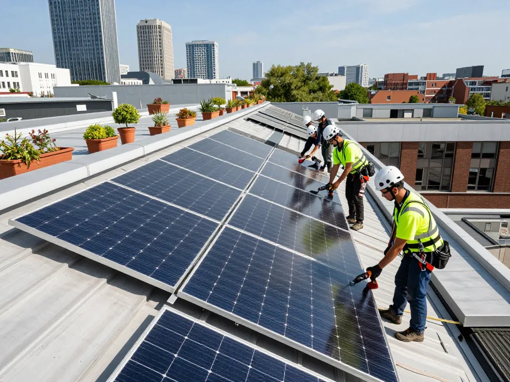 Photovoltaik Wien Team installiert Solarpanels auf einem Dach in städtischer Umgebung.