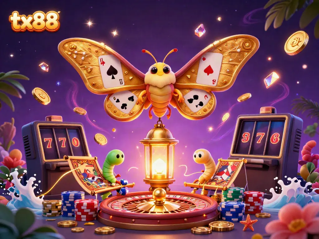 Experience exciting casino scenes with the dynamic tx88 moth surrounded by shimmering elements.