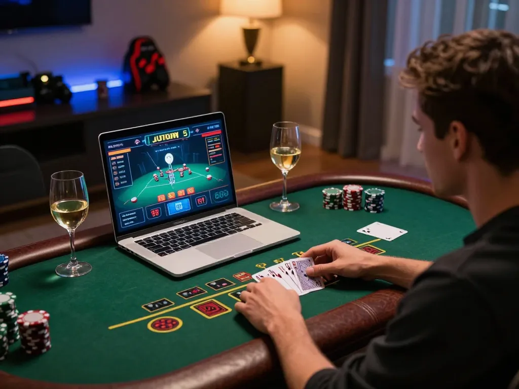 Engaged player enjoying live dealer blackjack at https://Zbetat.com/ on a stylish laptop.