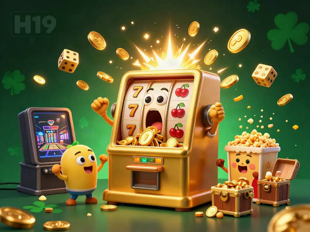 H19 slot machine hits a jackpot, showering coins, with cheering mini machines, dynamic gaming elements.