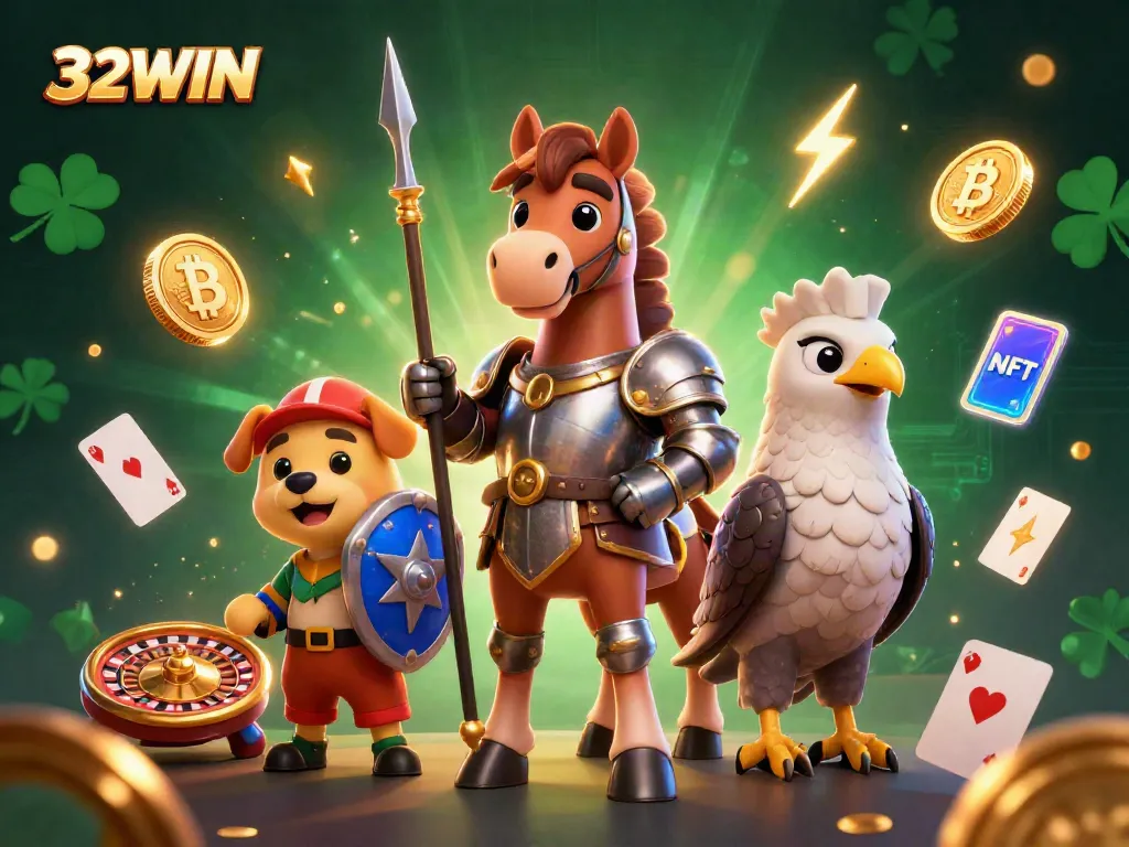 Experience the excitement of 32WIN with knights, crypto elements, and a dynamic casino scene.