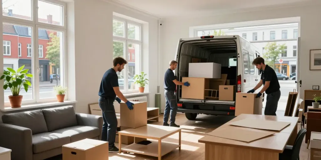 Professionelles Team bei der Wohnungsauflösung in Berlin Treptow, Möbel und Kartons werden ins Fahrzeug geladen.