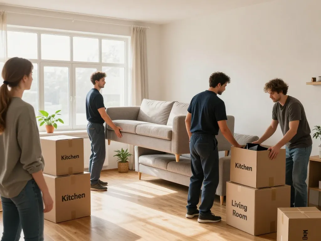 Expertenteam für professionelle Umzugsunternehmen Hannover-Dienstleistungen in einem hellen Wohnzimmer