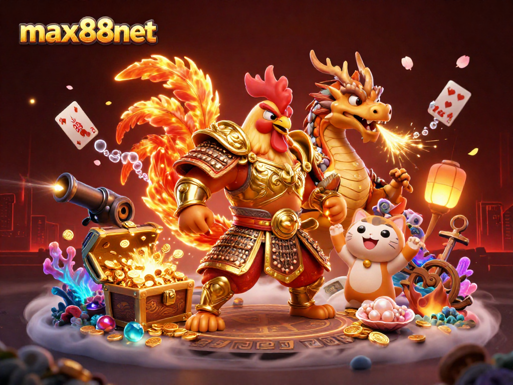 Engage with max88net's exciting features through 3D action, showcasing casino elements in vibrant detail.