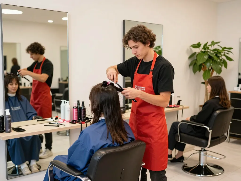 Bester Friseur stylt das Haar eines Kunden in einer lebendigen Salonatmosphäre mit modernen Werkzeugen.