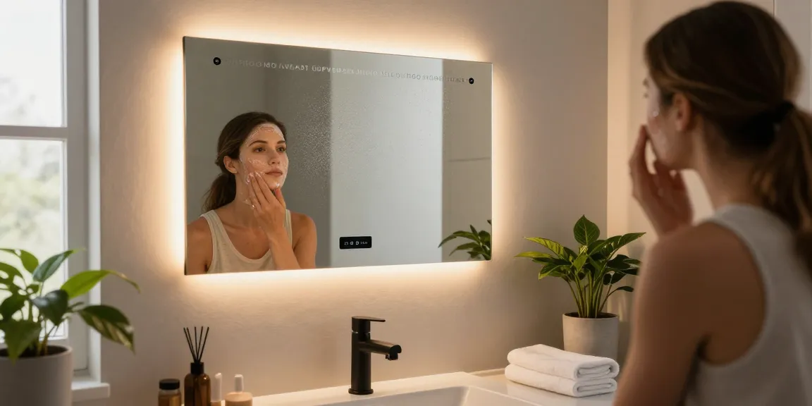 Infrarot spiegelheizung in einem modernen Badezimmer mit warmen LED-Beleuchtung und Anti-Beschlag-Funktionen für die tägliche Pflege.