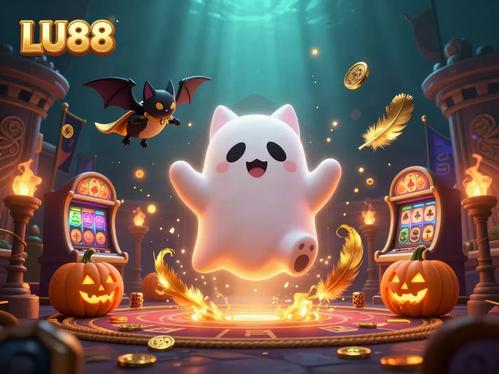 LU88 ghost cat navigating a haunted casino, showcasing vibrant gambling elements and spooky charm.