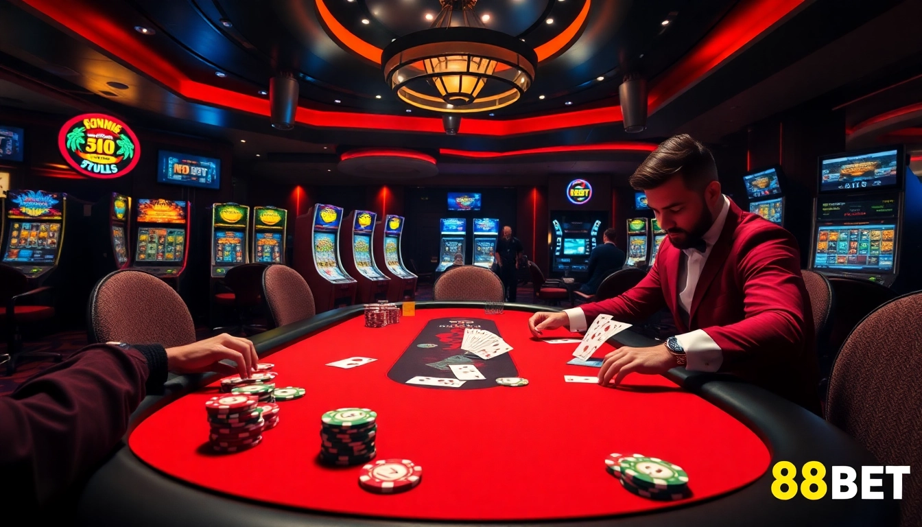 Exciting gameplay at https://f8bet.dental/ with vibrant poker chips and engaging players at a premium casino table.