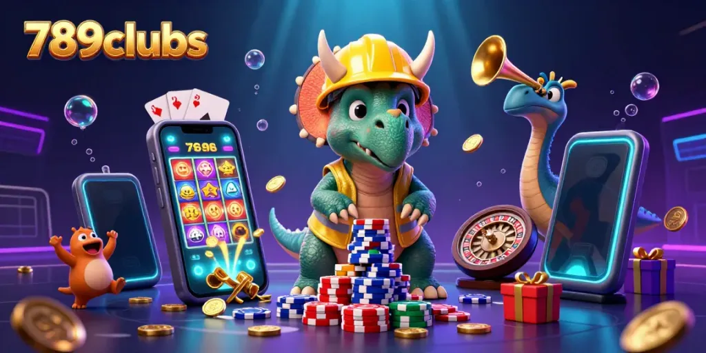 Experience the vibrant excitement of 789clubs with a cartoon triceratops building a poker chip pyramid surrounded by casino elements.
