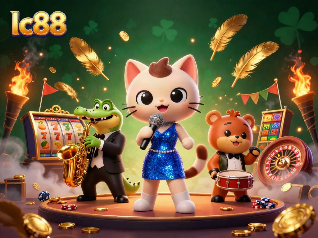 Experience the excitement of lc88 casino with vibrant characters singing, playing instruments, and winning tokens.
