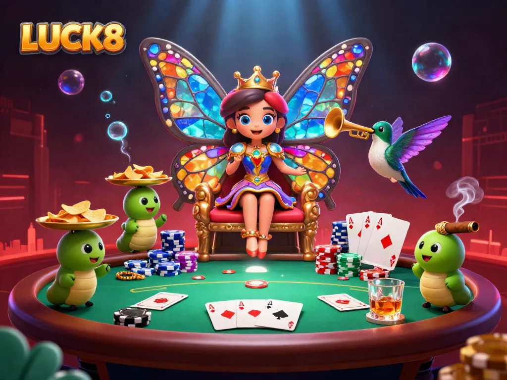 LUCK8 offers a vibrant gaming scene with a butterfly queen and poker elements, showcasing online casino excitement.