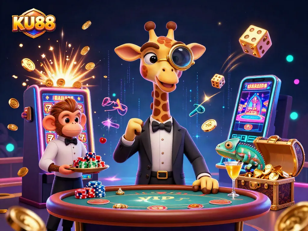 KU88 showcases a high-roller giraffe at a poker table amidst a vibrant casino scene, engaging players in exciting slots.