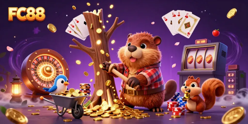 Experience thrilling wins at FC88 with playful characters in a vibrant casino scene.