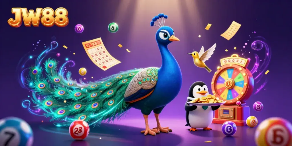 Experience the colorful excitement of JW88 with a vibrant casino scene featuring a peacock and a penguin amidst dynamic game elements.