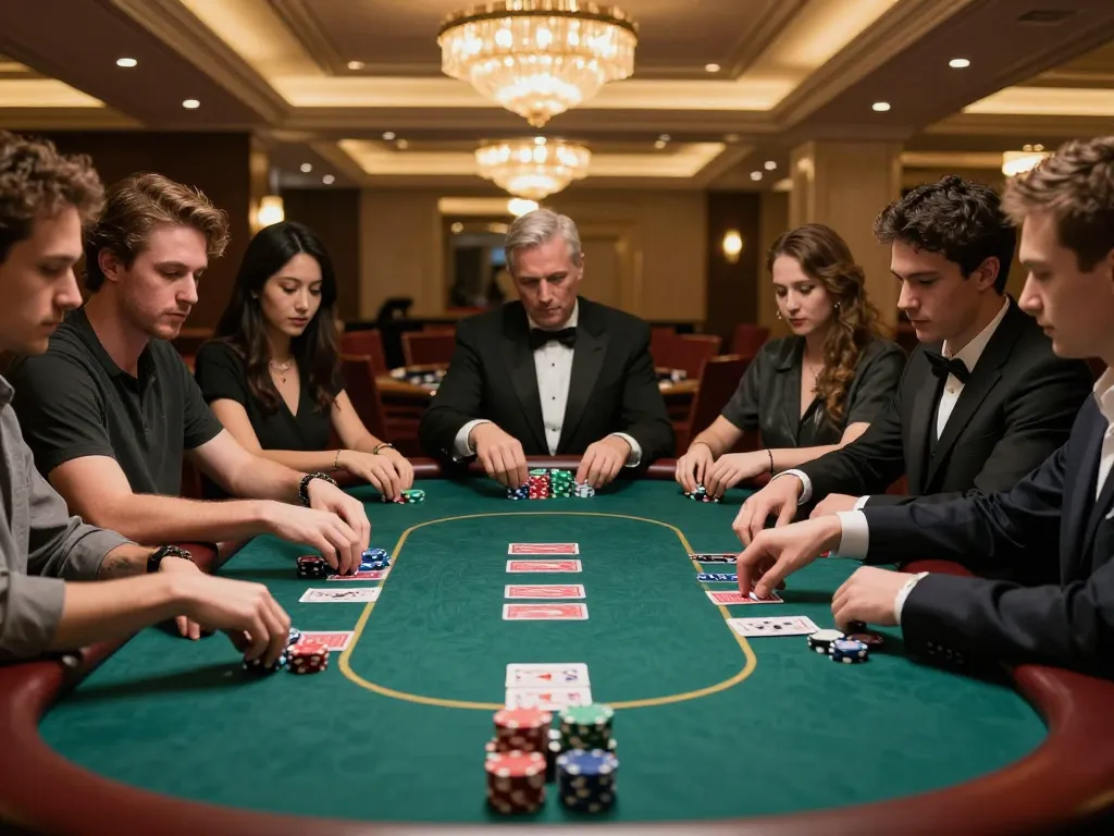 Players strategizing their moves at a poker table in 13WIN casino, showcasing intense gameplay.