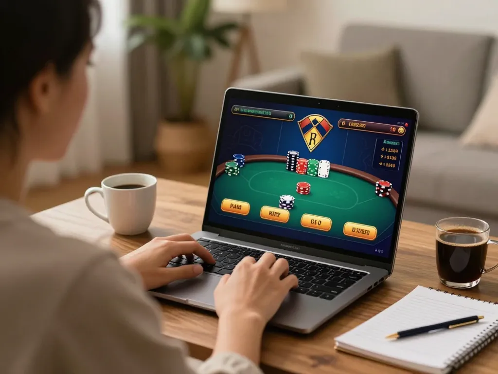 Person enjoying online gaming at home on mm88 com, focused on poker strategy while sipping coffee.