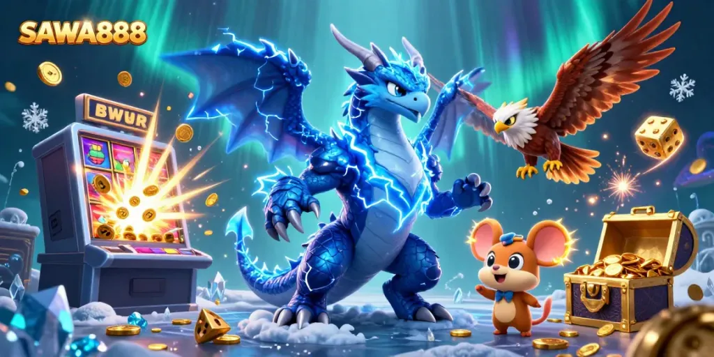 Experience gaming excitement with SAWA888's vibrant casino scene featuring dynamic characters and slot machines.