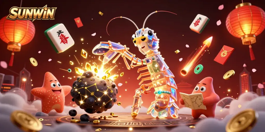 SUNWIN showcases vibrant 3D gambling universe with a mantis shrimp and starfish surrounded by fortune elements.