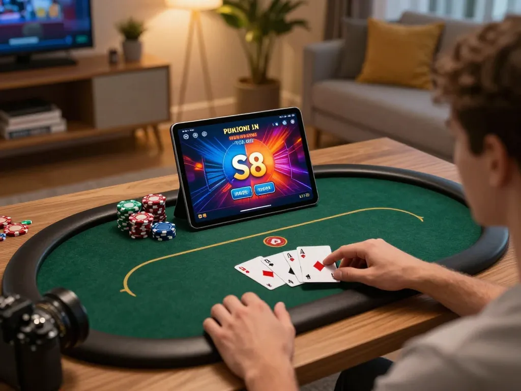 Player enjoying poker on S8 casino app while relaxing at home, showcasing engaging online gambling experience.